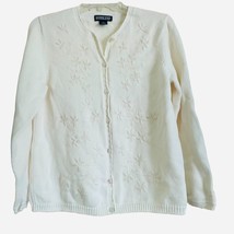 Lands End Womens Cardigan Sweaters Ivory M Petite Knit Embroidered Flora... - $23.75