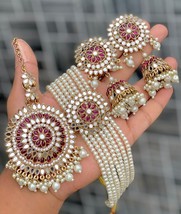 Indian Joharibazar Gold Plated Kundan Ethnic Earrings Jhumka Jewelry Mirror Set - £39.82 GBP
