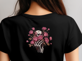 &quot;Skull and Roses Gothic T-Shirt - Elegant Floral Skeleton Graphic Tee for Dark A - £15.32 GBP+