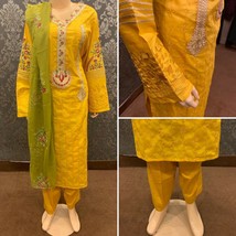 Pakistani Yellow Straight Shirt 3-PC Lawn Suit w/ Threadwork ,XL - £61.54 GBP