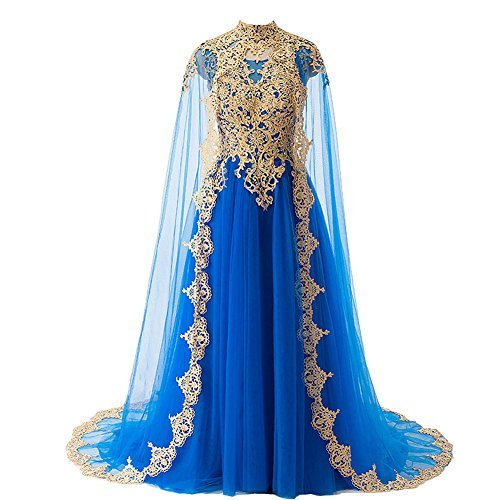 Gold Lace Vintage Gothic Long Prom Dress Evening Gown with Cape Royal Blue US 16