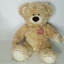 Build A Bear Brown Stitched Patch Red Heart Checkered 16&quot; Stuffed Animal... - $23.75
