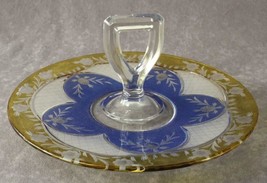 Vintage WESTMORELAND Crystal Blue &amp; Yellow Floral Cut Glass Sandwich Tray - $92.84
