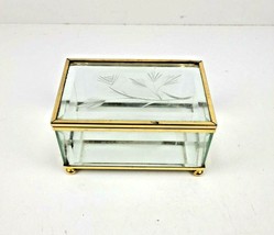 Etched Glass &amp; Brass Trinket Box Footed Mirror Bottom Hinged Lid Faceted Floral - £11.84 GBP