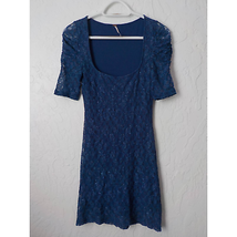 Free People Women XS Blue Mini Dress Fit Flare Floral Lace Half Sleeve Stretch - £11.62 GBP