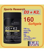 160 SoftGel , Sports Research  Plant Based Vitamin D3 + K2, 160 Veggie S... - $48.88