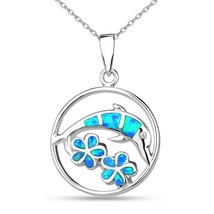 Sterling Silver Blue Inlay Opal Dolphin and Flowers Pendant - £40.91 GBP