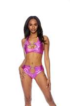 Two Piece Hologram Oil Slick Halter Set with Heart Buckles. - £44.97 GBP