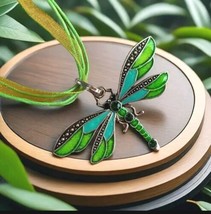 Green Dragonfly Silk Ribbon Pendant Necklace Green - $11.39