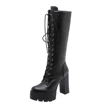 black Spring Autumn Lacing Knee High Boots Women Fashion White Square Heel Woman - £76.29 GBP