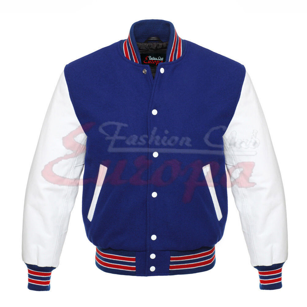Royel Blue New-Wool-Varsity-Jacket-with-white Real-Leather-Sleeves