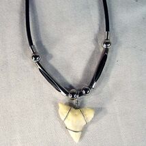 TIGER SHARK TOOTH ROPE NECKLACE w SILVER BEADS JL447 - $6.82