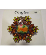 PIN brooch ENAMEL olive green FLOWERS, rust color stones, Antique styling - £4.28 GBP