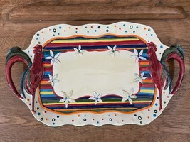 MWW Market Cindy Shamp Rooster Floral Colorful Stripe Ceramic Platter Serving - £15.28 GBP