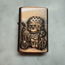 VTG Lighter 3D Skull w Bandana Motorcycle &amp; Bikini Girl Posing Copper tone - $18.81