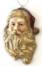 Santa Head Christmas Ornament Rustic Hand Painted Plaster with Glitter 6.5&quot; - £11.50 GBP