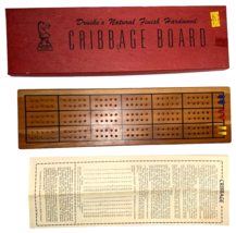 Vintage 1955 DRUEKE Natural Hard Wood Cribbage Board With Pegs Red Box - $44.99