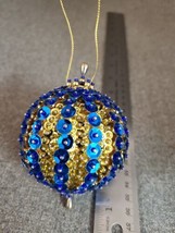 Handmade Victorian Blue Gold Trim Beaded Sequin Push Pin Ornament - £9.90 GBP