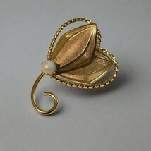 Vintage Leaf Brooch – Gold Tone Textured Leaves with Faux Pearl Accent - $5.94