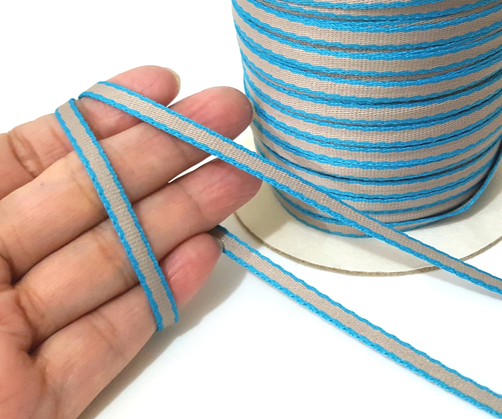 Primary image for 3/16" 5mm wide 5-50y Khaki Turquoise Blue Stripe Grosgrain Ribbon Poly Tape GR68