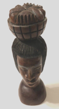 $65 African Signed Hand Carved Wooden Bust Figure Brown Vintage Art Man Basket - £64.19 GBP