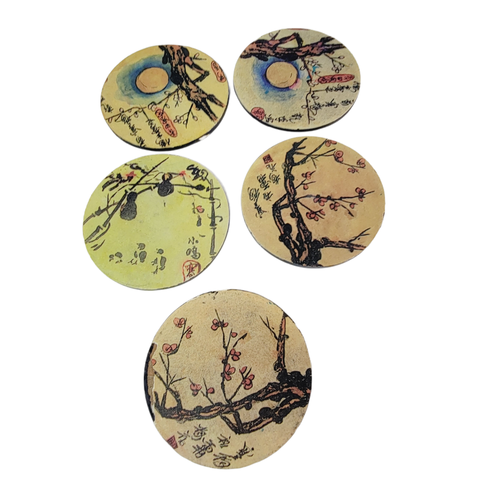 Primary image for Asian Wooden Coasters 5 Piece Set in Box Vintage Hand Painted Floral