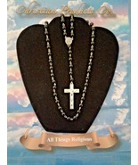 Men/women Black shine Rosary Bead necklace with silver color cross &amp; pen... - £8.75 GBP