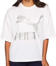 Puma Womens Glam Cotton Relaxed Metallic Logo T-Shirt White Silver Glitter S - £26.27 GBP