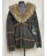 Lauren Ralph Lauren Lambswool Plaid Cardigan Fur Collar Sweater M NWT - $1,150.97 MXN