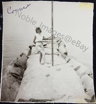1940s Woman Holding Flagpole on Pier, Cleveland Photo B&amp;W Snapshot - £2.77 GBP