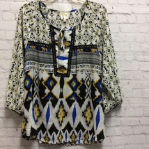 Fig And Flower Blouse Blue Yellow Geometric 3/4 Sleeve Notch Neck w ties XL - £15.54 GBP