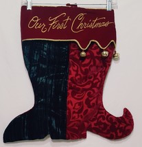 Newlywed Our First Christmas Stocking Joined Two Sides 19&quot; Jingle Bells Velvet - £61.93 GBP