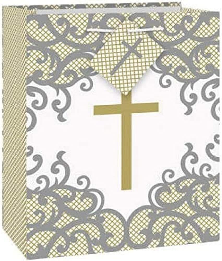 Fancy Gold Cross Glossy Gift Bag Medium Baptism Wedding 50th Anniversary - £3.09 GBP