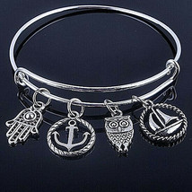 Nature Four Charm Wire Bangle Bracelet Sterling Silver - £8.89 GBP