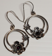 All Solid STERLING 925 SILVER Garnet Gemstone Flower Dangle Hoops Earrin... - $17.82
