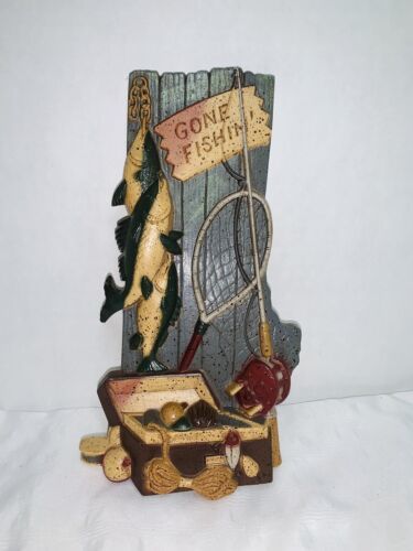 Vintage Gone Fishin' Home Interiors GIA 3-D Wall Plaque 1998 USA 9x5.25 Man Cave - $12.69
