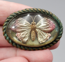Vintage Glass Butterfly Brooch Pin Brass Glass Reverse Painted Goofus Estate - £78.16 GBP