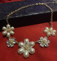 Vintage Flower Faux Pearl Rhinestones and Gold Tone Necklace 18” without... - £11.95 GBP