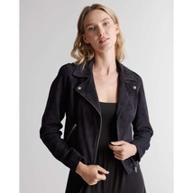 Quince Womens 100% Suede Biker Jacket Zip Pockets Charcoal Black XS - £37.92 GBP
