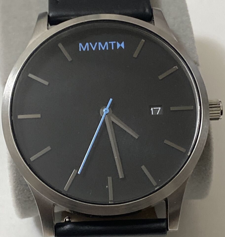 MVMT Watch Black Dial w/Silver Hands Black Leather Strap Teal Seconds Hand 45mm - $54.69