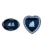 2 Wedgwood Black &amp; White Jasper Ware Trinket Dishes, Vintage 1960s Heart... - $67.77 CAD