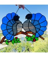 VTG Handmade Leaded Stained Glass Art Suncatcher Peacocks Blue Love Bird... - $756.38 MXN