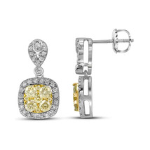14kt White Gold Womens Round Yellow Diamond Square Dangle Earrings 1-1/5 Cttw - £1,693.99 GBP