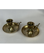 Vintage Brass Etched Leaf Chamber Candlestick Holders 4” Diameter Set Of 2 - $42.56