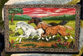 Vintage Rug Wall Hanging Boho Tapestry Galloping HORSES Multicolor Cotton 34x53 - £36.69 GBP
