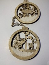 Vintage Kaufland Wooden Christmas Ornaments Deer Amongst Evergreens Round 3D - £7.95 GBP