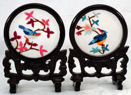 Miniature Chinese Table Screens with Hand Stitched Birds - $25.99