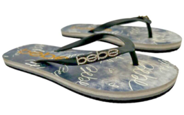Bebe logo Tamia Black Gold Flip Flops Thong Sandals Women&#39;s size 5/6 - $177.47 MXN