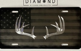 Engraved Deer Antlers Combo Laser US Flag &amp; Diamond Etched Car Tag License Plate - £15.84 GBP
