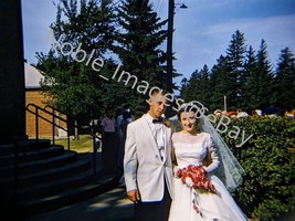 1958 Bride &amp; Groom Outside St Joseph Church Menomonie WI Kodachrome 35mm Slide - £4.35 GBP